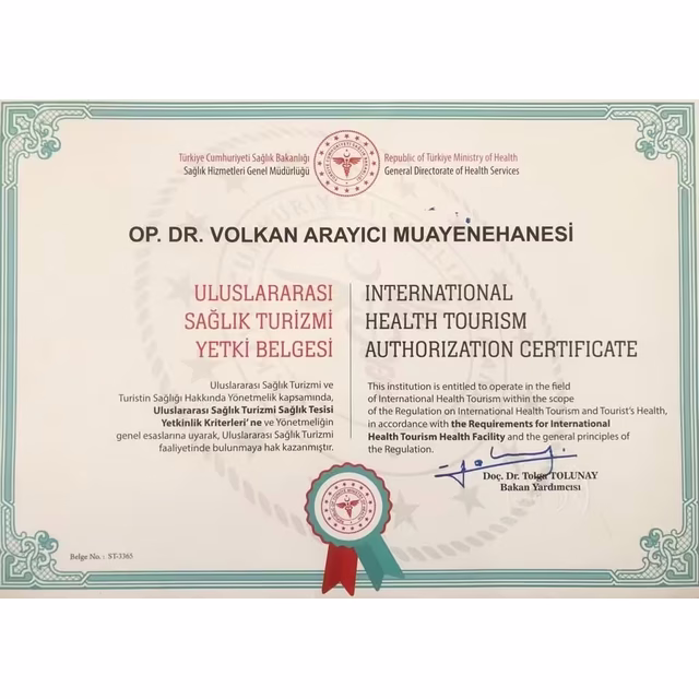 Certificado de autorización de turismo de salud internacional de la consulta del Op. Dr. Volkan Arayıcı